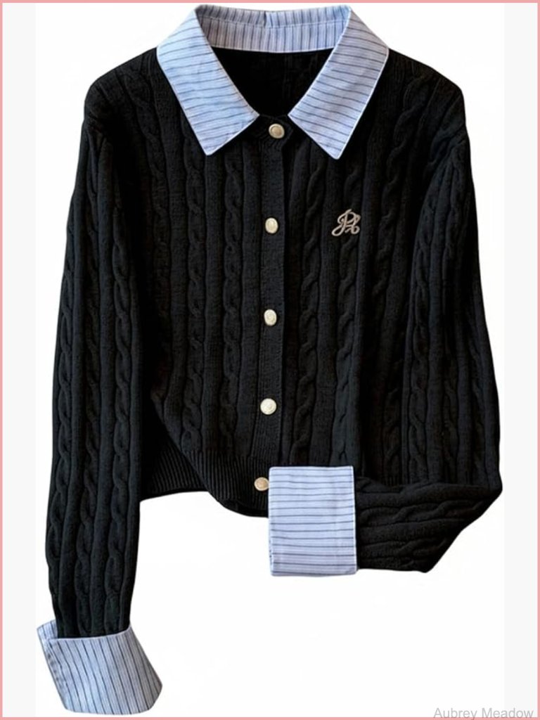 Cropped Cable Knit Cardigan Collared Button Down Long Sleeve Preppy